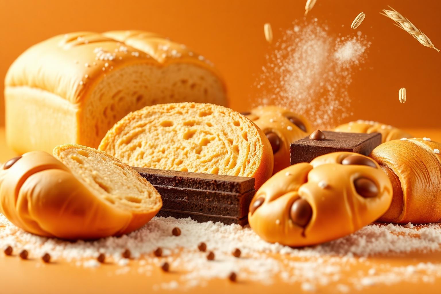 Vibrant 3D render of bakery and beverage ingredients with molecular accents
