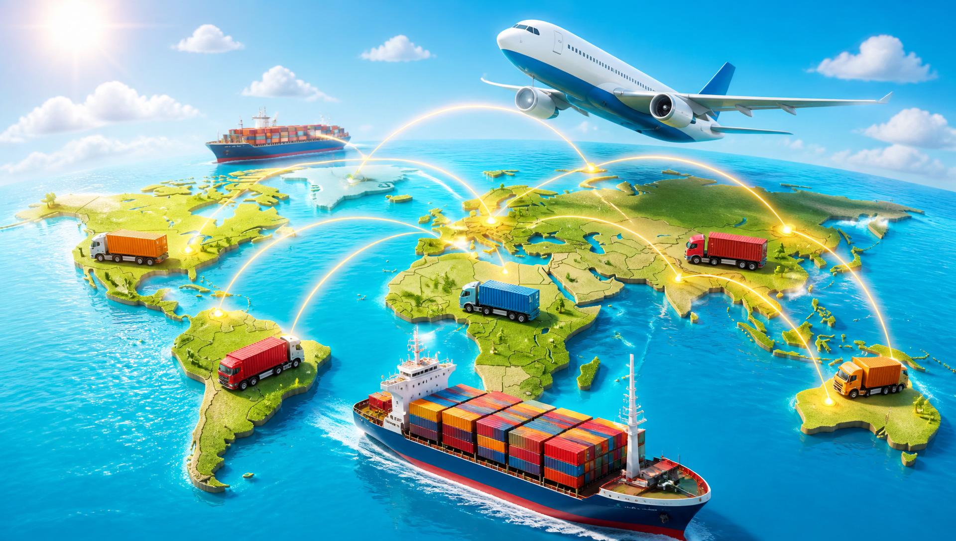 Cargo ship, tanker truck, and cargo plane at a modern sea port at golden sunrise