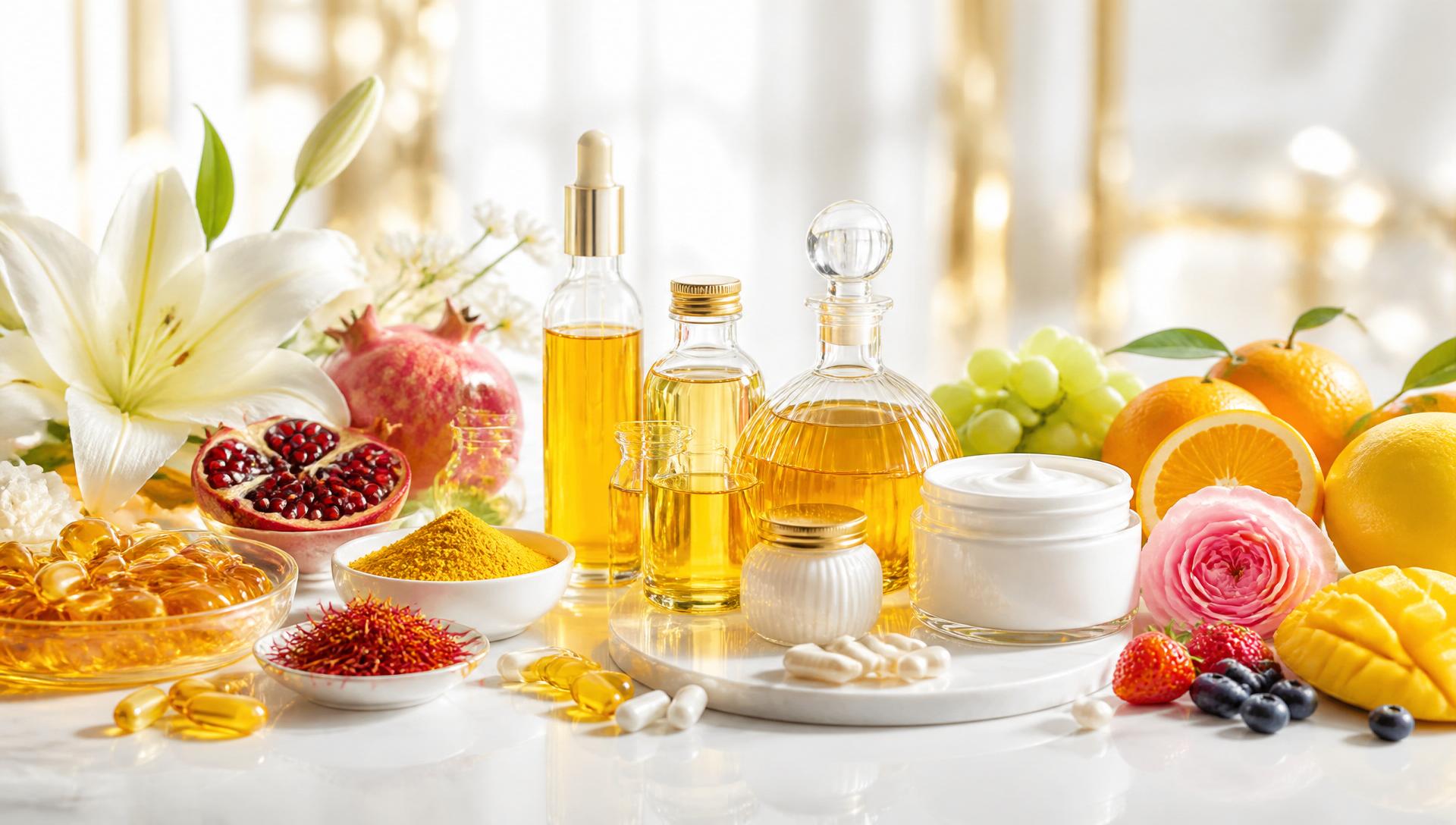 Premium flatlay of pharmaceutical capsules, natural food ingredients, and luxury cosmetic products